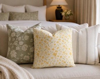 Yellow Floral Pillow Cover – Cottagecore Cushion Cover, Vintage Botanical Throw Pillow Case, Farmhouse Shabby Chic Home Decor