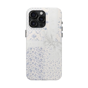 Coquette Blue Floral Lace Bow Phone Case, Romantic Shabby Chic Patchwork with Premium Protection for iPhone 16 15 Plus 14 Pro Max 12 13 11
