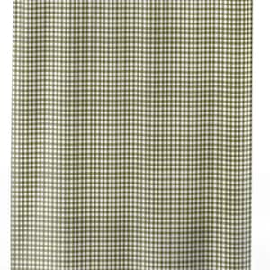 Olive green gingham shower curtain in farmhouse bathroom