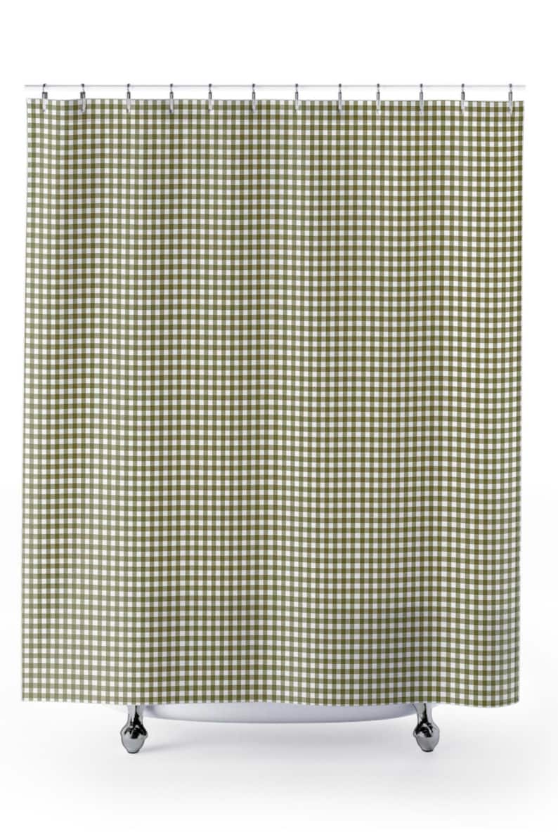 Olive green gingham shower curtain in farmhouse bathroom