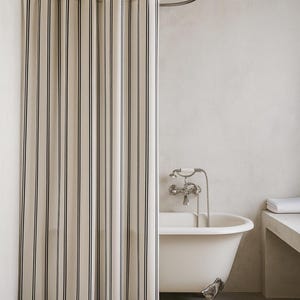 Black Striped Shower Curtain, Modern Farmhouse Bathroom Decor, Neutral Vertical Stripe Curtain, French Country Minimalist Shower Curtain