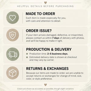 May include: An informational graphic with a beige background and dark text titled SOULFONES ORDER INFORMATION. It lists sections for MADE TO ORDER, ORDER ISSUE, PRODUCTION & DELIVERY, and RETURNS & EXCHANGES with icons and text details.