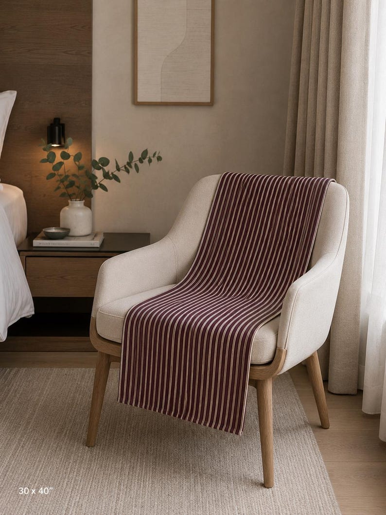 Burgundy Vertical Stripe Velveteen Plush Blanket, Lightweight Soft Throw for Bed Couch and Reading Chair