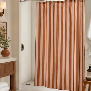 Duschvorhang mit Terrakotta-Streifen, vertikaler Duschvorhang in Orange und Beige, moderne Badezimmerdekoration im Landhausstil