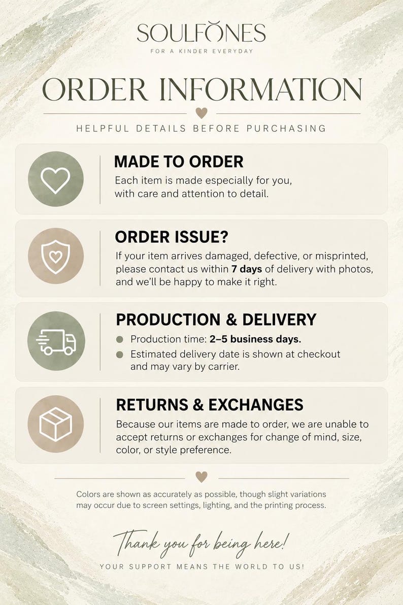 Pu&ograve; includere: Un grafico informativo con sfondo beige e testo scuro intitolato SOULFONES ORDER INFORMATION. Elenca sezioni per MADE TO ORDER, ORDER ISSUE, PRODUCTION & DELIVERY e RETURNS & EXCHANGES con icone e dettagli testuali.