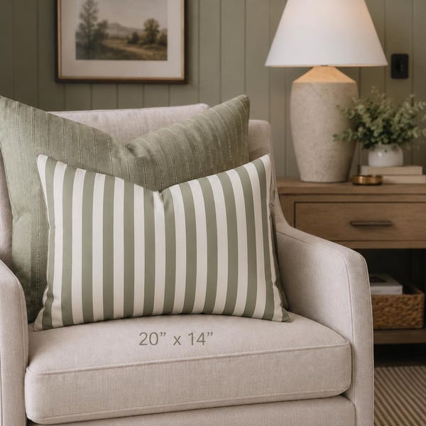 Sage Green Striped Lumbar Pillow Cover, Farmhouse Accent Pillow, Sage Stripe Cushion, Modern Cottage Throw Pillow, Neutral Sofa Decor