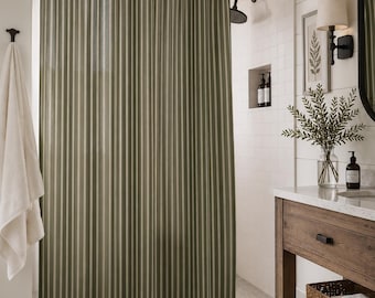 Olive Green Striped Shower Curtain, Tonal Green Vertical Stripes Bathroom Curtain, Modern Farmhouse Japandi Bath Decor