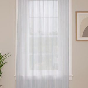 Blue Striped Sheer Window Curtain – Coastal Farmhouse Curtain Panel, 50” × 84” Lightweight Polyester Drapes with Rod Pocket