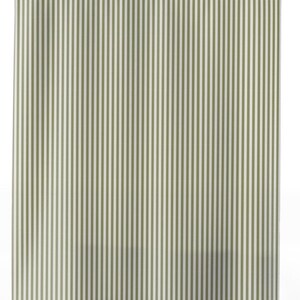 Sage green striped shower curtain in modern farmhouse bathroom