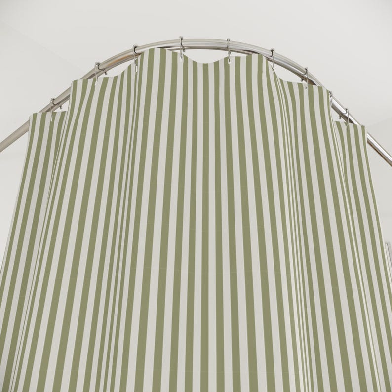 Sage Green Striped Shower Curtain, Modern Farmhouse Bathroom Decor, Vertical Stripe Japandi Fabric Curtain, Neutral Green Shower Curtain image 3