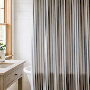 Modern Black Stripe Shower Curtain, Black Beige Vertical Lines, Monochrome Contemporary Minimalist Bathroom Decor, 12 Hooks Included