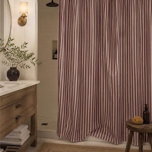 Modern vintage striped shower curtain in burgundy and beige for neutral bathrooms