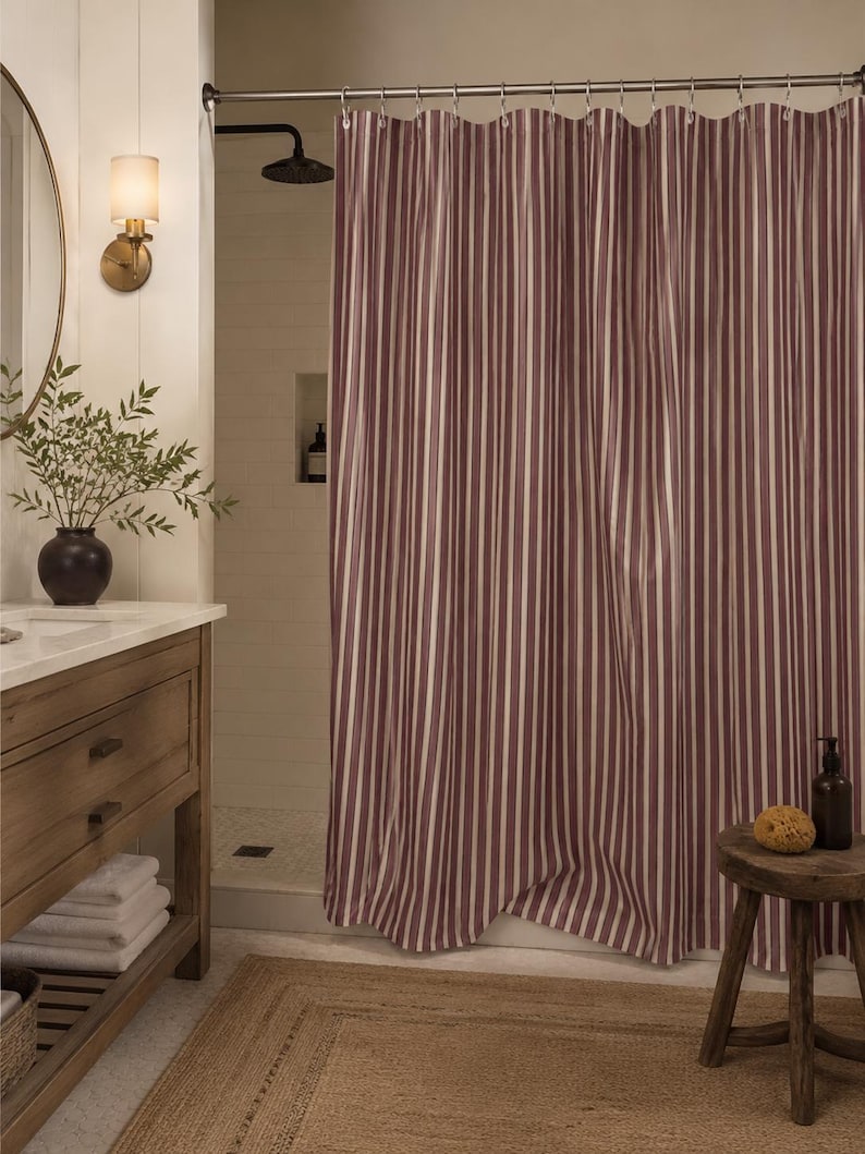 Modern vintage striped shower curtain in burgundy and beige for neutral bathrooms