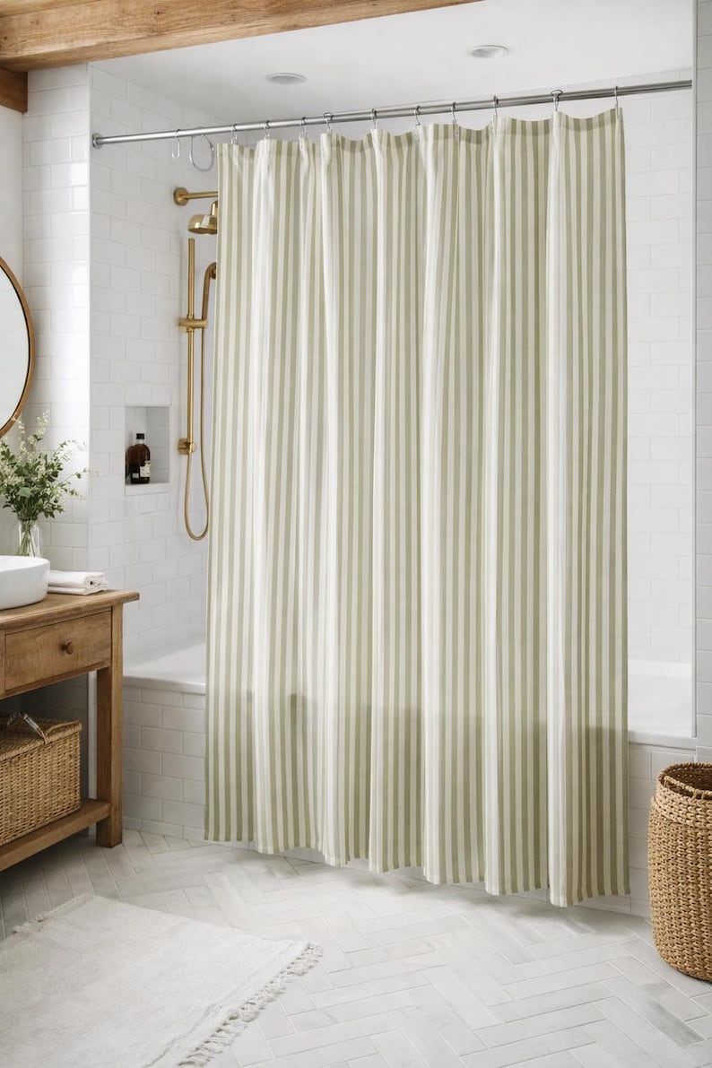 Cottagecore bathroom with natural sage green shower curtain