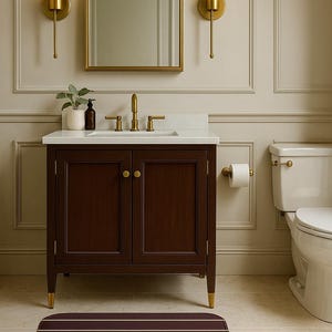 Può includere: Scena di bagno con un mobiletto marrone scuro, piano di lavoro bianco e accessori dorati. La stanza comprende uno specchio, applique e un tappetino da bagno a righe. Il mobiletto è alto circa 76 cm.