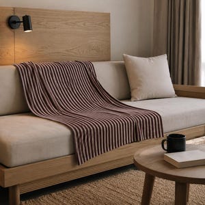 Burgundy Striped Velveteen Plush Blanket, Cozy Lightweight Throw for Couch & Bed, Farmhouse Stripe Blanket, Soft Polyester Throw Blanket
