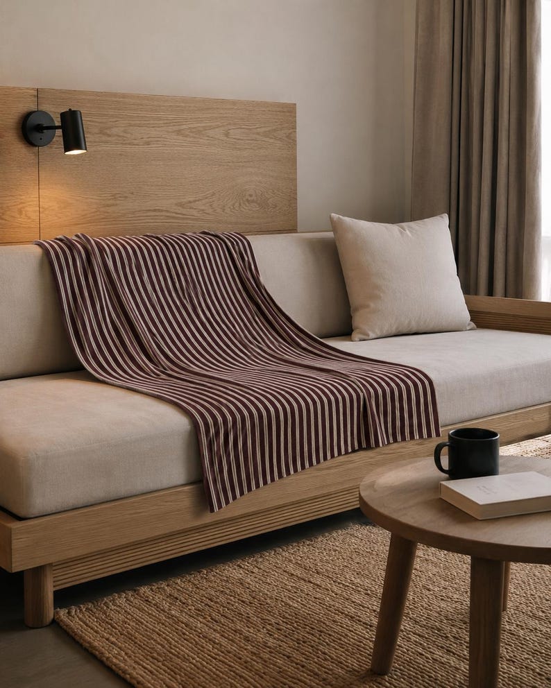 Burgundy Stripe Velveteen Plush Blanket, Soft Lightweight Throw Blanket for Couch Sofa Bed and Modern Bedroom Decor