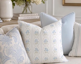 Blue Floral Stripe Pillow Cover, French Country Rose Cushion, English Cottage Throw Pillow, Grandmillennial Bedroom Decor