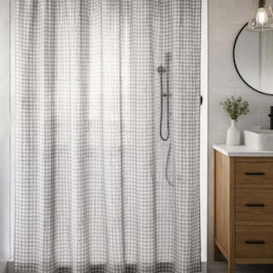 Charcoal gray gingham shower curtain in modern farmhouse style bathroom