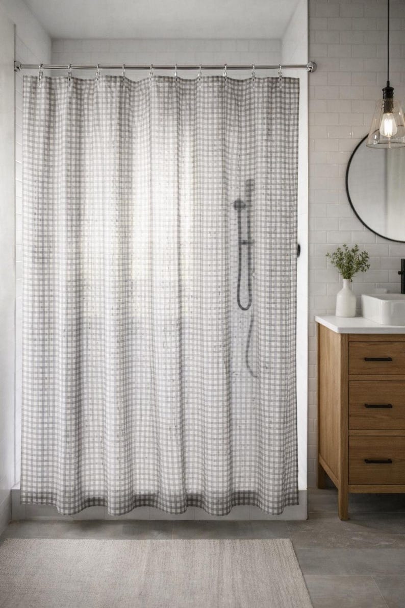 Charcoal gray gingham shower curtain in modern farmhouse style bathroom