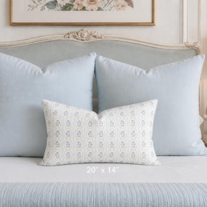 Vintage Blue Rose Lumbar Pillow with Insert – French Country Floral Stripe Cushion, Shabby Chic Cottagecore Decorative Pillow 100% Polyester