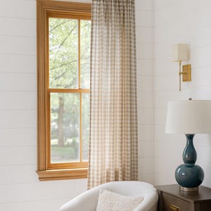 Brown Gingham Sheer Window Curtain 50x84 – Farmhouse Check Rod Pocket Curtain Panel, Light Filtering Rustic Cottage Drapes, Neutral Country