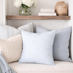 Light Blue Swirl Pillow Cover – Modern Abstract Waves Lines Cushion, Coastal Scandinavian Minimalist Decorative Throw Pillowcase No Insert
