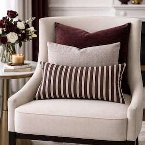 Almohada lumbar con rayas burdeos y marrón con inserto, cojín decorativo estilo rústico, cojín rectangular para sofá cama.