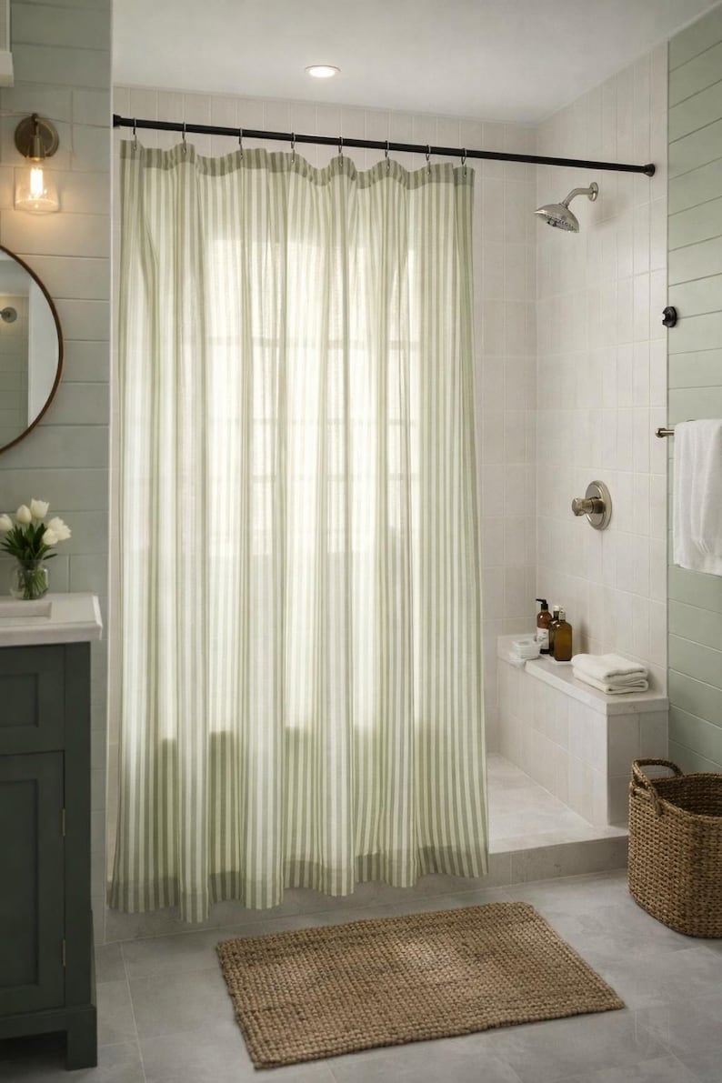 Modern farmhouse bathroom featuring sage and cream vertical striped curtain