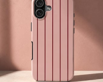 Stoffig roze gestreept telefoonhoesje – wijnrode verticale lijn, glanzend esthetisch hoesje, minimalistisch chique hoes voor iPhone 17 16 15 14 13 Pro Max