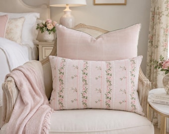 Rose Floral Lumbar Pillow with Insert, French Country Cottage Accent Pillow, Romantic Botanical Cushion 20x14