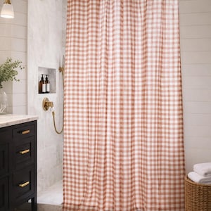 Rideau de douche vichy terre cuite, décoration de salle de bain style campagnard, rideau en tissu à carreaux rouille, rideau de salle de bain style Japandi Cottagecore