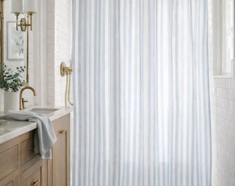 Light Blue Stripe Shower Curtain, Coastal Hamptons Bathroom Decor, Modern Classic Fabric Curtain, Blue and White Vertical Stripes