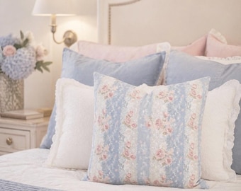 Blue Floral Pillow Cover, Vintage Botanical Throw Pillow, French Country Cushion, English Cottage Decor