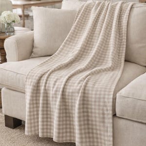 Beige gingham-velvet plyschfilt, neutral rutig pläd, mjuk lätt och mysig filt för soffa och säng, bondgårdsstil, mjuk polyester
