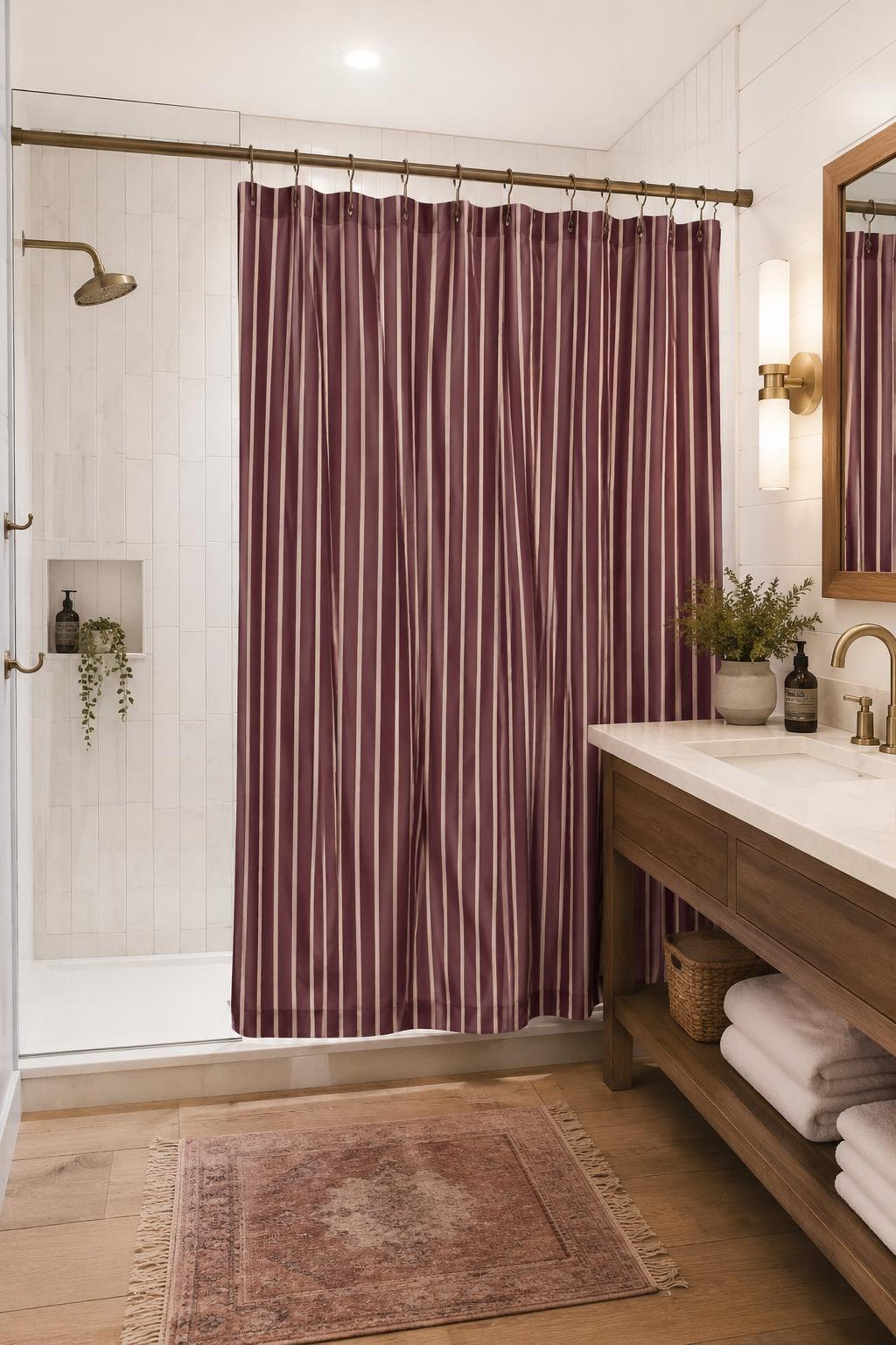 Red Wine Stripe Shower Curtain, Burgundy and Beige Modern Bathroom Decor, Elegant Warm Minimalist Fabric Curtain