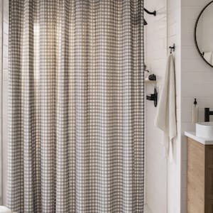 Cortina de ducha a cuadros vichy gris carbón, decoración moderna para baño estilo casa de campo, cortina de tela a cuadros neutra, estilo minimalista japonés para baño