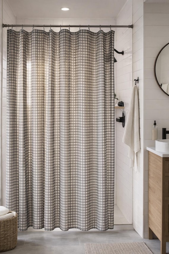 Charcoal Gray Gingham Shower Curtain, Modern Farmhouse Bathroom Decor, Neutral Checkered Fabric Curtain, Japandi Minimalist Bathroom Style