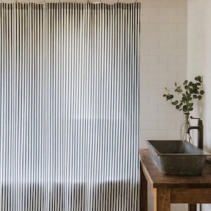 Black and White Striped Shower Curtain, Minimalist Bathroom Decor, Modern Farmhouse Japandi Fabric Curtain, Neutral Vertical Stripe Curtain