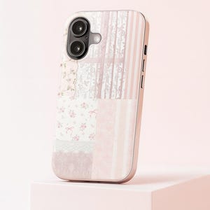 Coquette Pink Floral Phone Case, Vintage Shabby Chic Lace Patchwork iPhone 17 16 15 14 13 12 11 Pro Max, Romantic Feminine Protective Cover