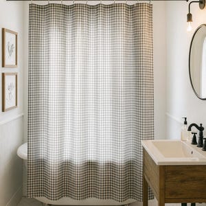 Charcoal Gray Gingham Shower Curtain, Modern Farmhouse Bathroom Decor, Neutral Checkered Fabric Curtain, Japandi Minimalist Bathroom Style