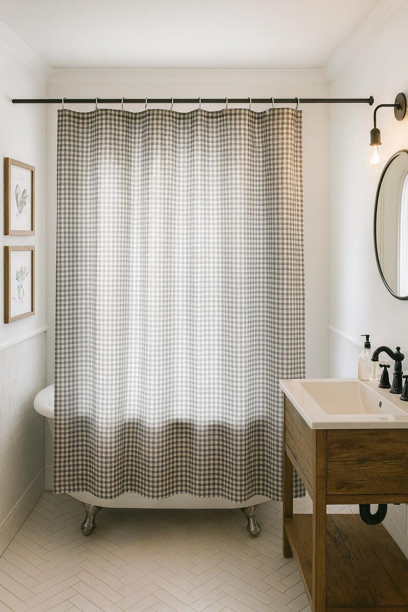 Charcoal gray gingham shower curtain in modern farmhouse bathroom