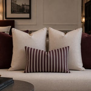 Muted Burgundy Striped Lumbar Pillow with Insert, Farmhouse Accent Pillow, Rectangular Sofa Bed Cushion, Scandinavian Decor