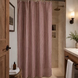 Vertical striped shower curtain in burgundy and beige, lightweight polyester bathroom decor