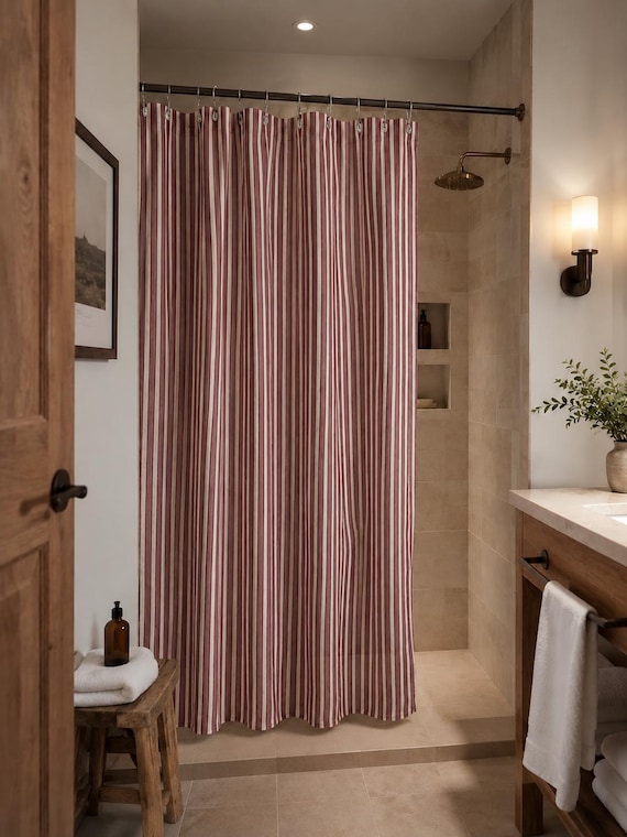 Burgundy Stripe Shower Curtain, Warm Modern Classic Bathroom Decor, Neutral Red and Beige Fabric Curtain, Elegant Vertical Stripes
