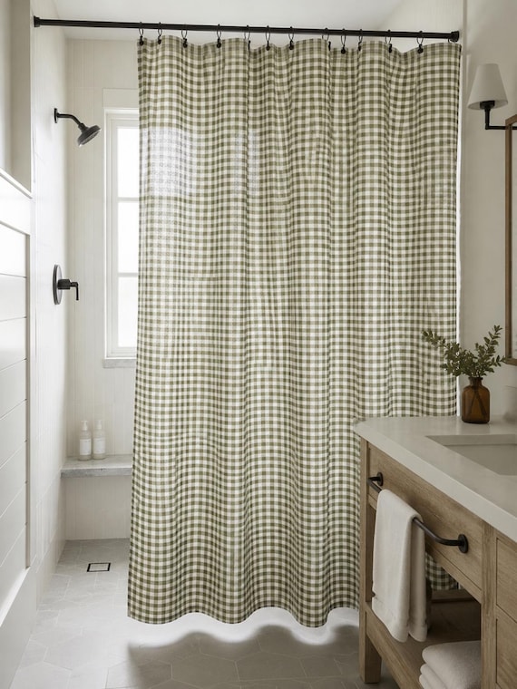 Olive Green Gingham Shower Curtain, Cottagecore Farmhouse Bathroom Decor, Country Check Fabric Curtain, Vintage Rustic Home Style