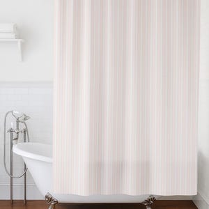 Pink Striped Shower Curtain – Feminine Bathroom Décor, Modern Coastal Farmhouse Polyester Fabric with 12 Buttonholes, No Hooks