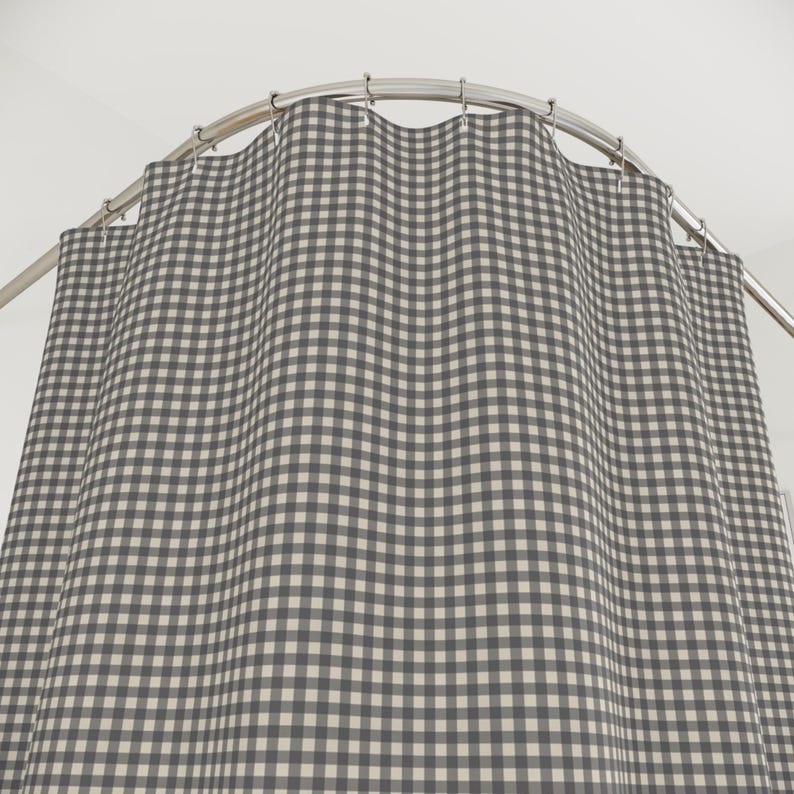 Charcoal Gray Gingham Shower Curtain, Modern Farmhouse Bathroom Decor, Neutral Checkered Fabric Curtain, Japandi Minimalist Bathroom Style image 2
