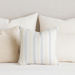 Neutral Stripe Pillow Cover – Coastal Farmhouse Cushion Cover, Modern Blue & Beige Throw Pillow for Sofa, Bed or Living Room Décor