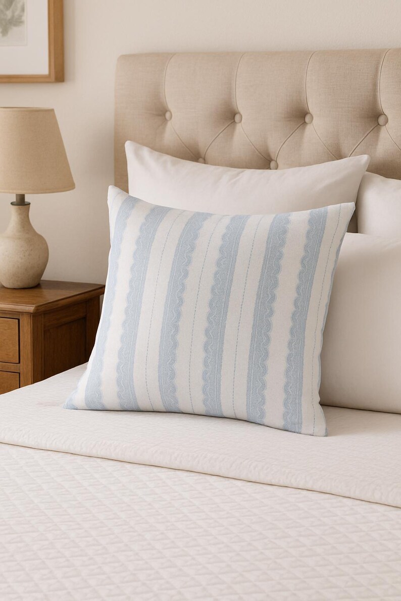 Blue Shabby Chic Lace Pillow Cover, French Country Blue and White Striped, Cottagecore Throw Pillow, Vintage Lace Look, Farmhouse Accent